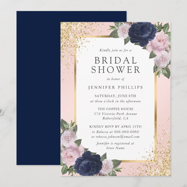 Blush Pink Navy Blue Gold Floral Brautparty Einladung (Vorne/Hinten)