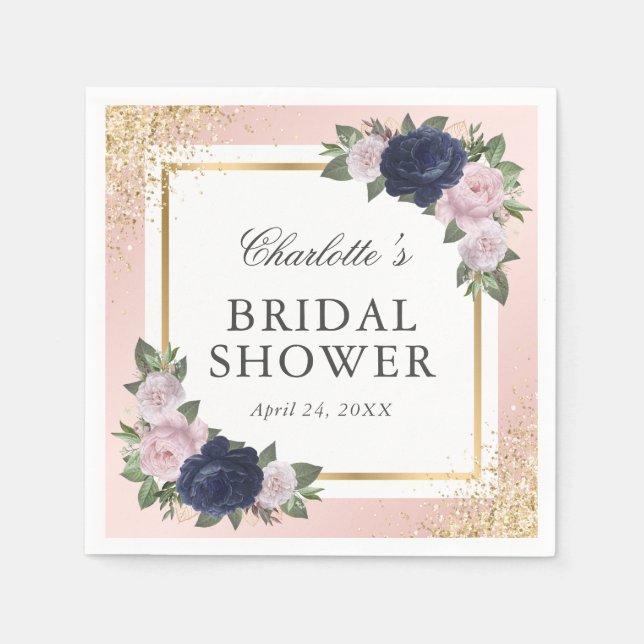 Blush Pink Navy Blue Gold Floral Brautparty Serviette (Vorderseite)