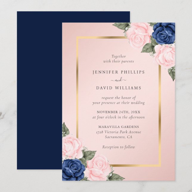 Blush Pink Navy Blue Gold Floral Wedding Einladung (Vorne/Hinten)