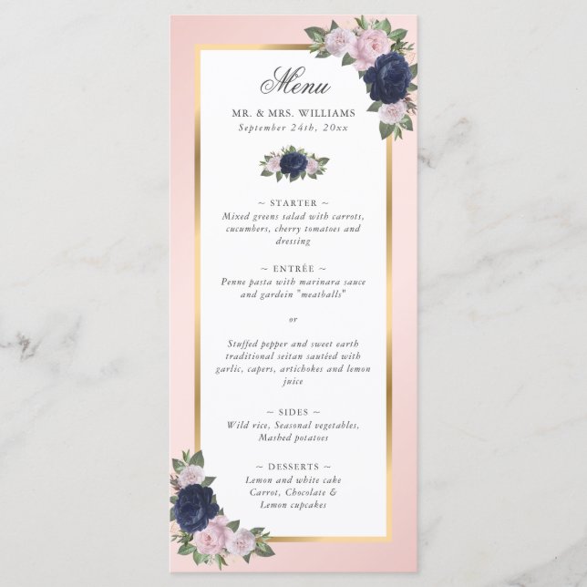 Blush Pink Navy Blue Gold Floral Wedding Menükarte (Vorderseite)