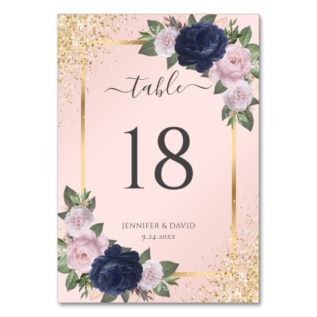 Blush Pink Navy Blue Gold Floral Wedding Tischnummer (Vorderseite)