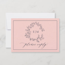 Blush Pink Navy Blue Monogram Wedding RSVP Card