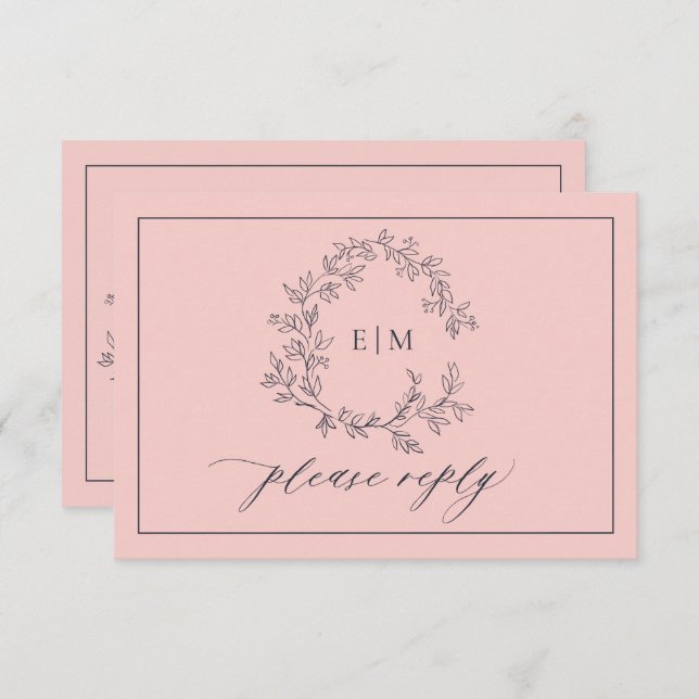 Blush Pink Navy Blue Monogram Wedding RSVP Card (Vorne/Hinten)