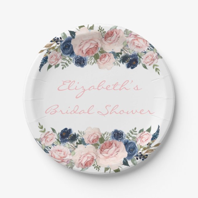 Blush Pink Navy Blue Peony Wedding Pappteller (Vorderseite)