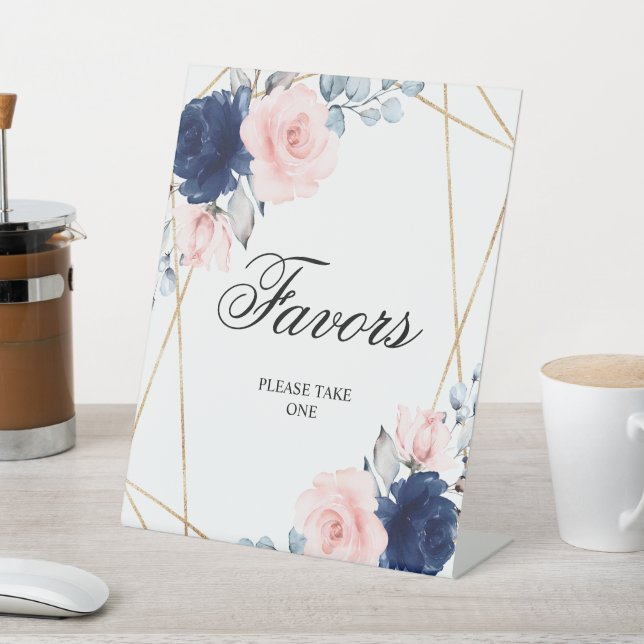 Blush Pink & Navy Blue Rose Duschfavoriten Zeichen Sockelschild (In SItu)