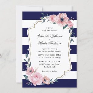 Blush Pink Navy Blue Stripes Bläserne Hochzeit Einladung