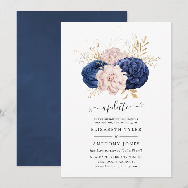 Blush Pink, Navy Blue und Gold Hochzeitsaktualisie Einladung (Vorne/Hinten)