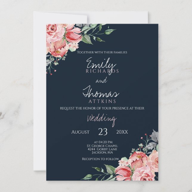  Blush Pink Navy Blue Watercolor Blumenzehen Einladung (Vorderseite)
