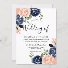 Blush Pink & Navy Blumen Moderne Hochzeiten Einladung