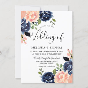 Blush Pink & Navy Blumen Moderne Hochzeiten Einladung