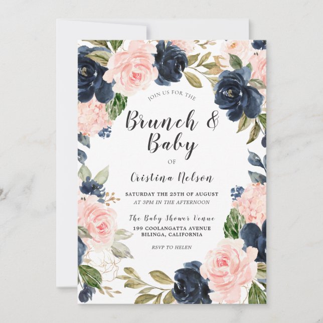 Blush Pink & Navy Blumengarten Baby Duschbrunch Einladung (Vorderseite)