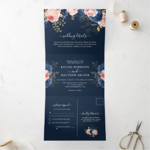 Blush Pink & Navy Florals Elegante Hochzeit Dreifach Gefaltete Einladung