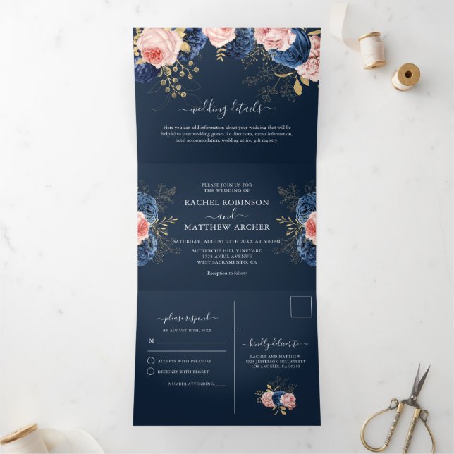Blush Pink & Navy Florals Elegante Hochzeit Dreifach Gefaltete Einladung (Innenseite)