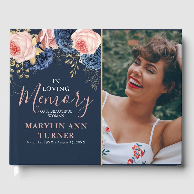 Blush Pink & Navy Florals Elegantes Gedenktribut Gästebuch (Vorderseite)