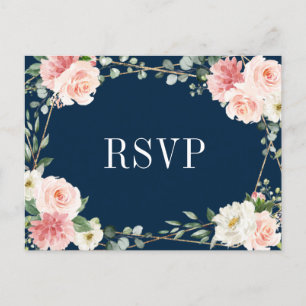 Blush Pink Navy Geometric Botanical Wedding RSVP Postkarte