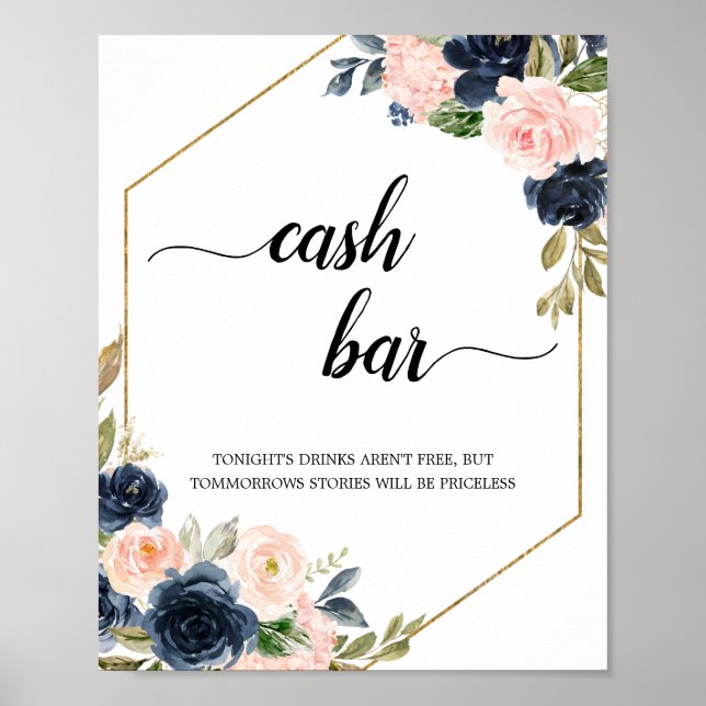 Blush Pink Navy Geometric Cash Bar Sign Poster (Vorne)