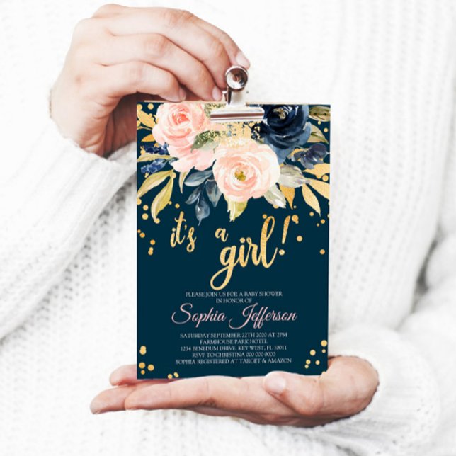 Blush Pink, Navy & Gold Baby Dusche Einladung (Von Creator hochgeladen)