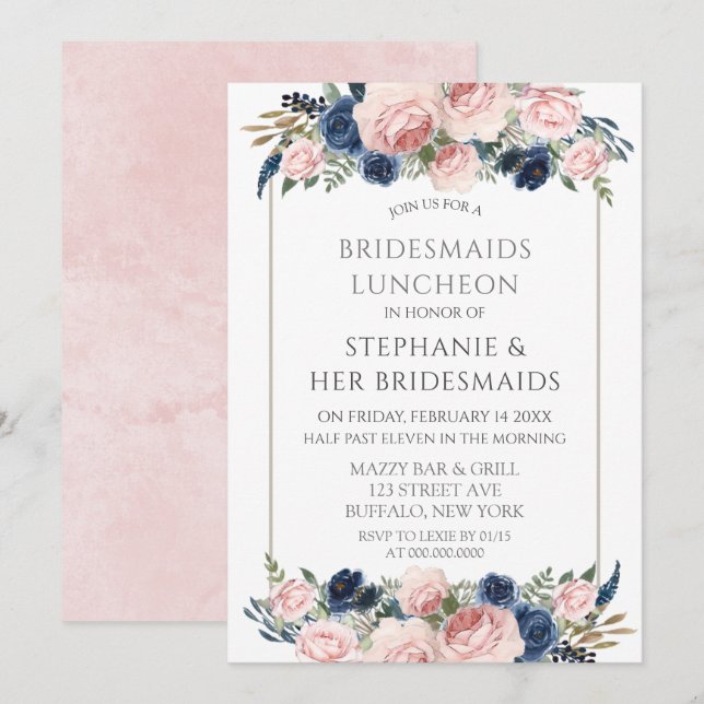 Blush Pink Navy Peony Bridesmaids Luncheon Einladung (Vorne/Hinten)