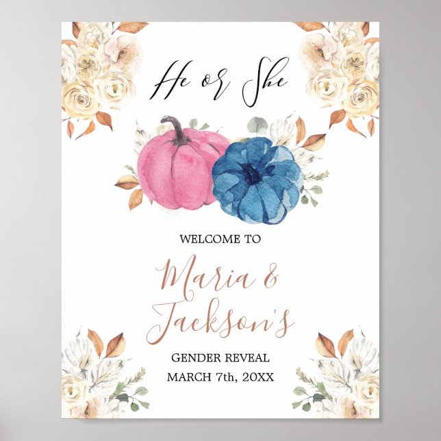 Blush Pink & Navy Pumpkin Gender Reveal Willkommen Poster (Vorne)