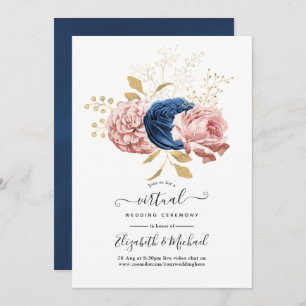 Blush Pink, Navy und Gold Bloral Virtual Wedding Einladung