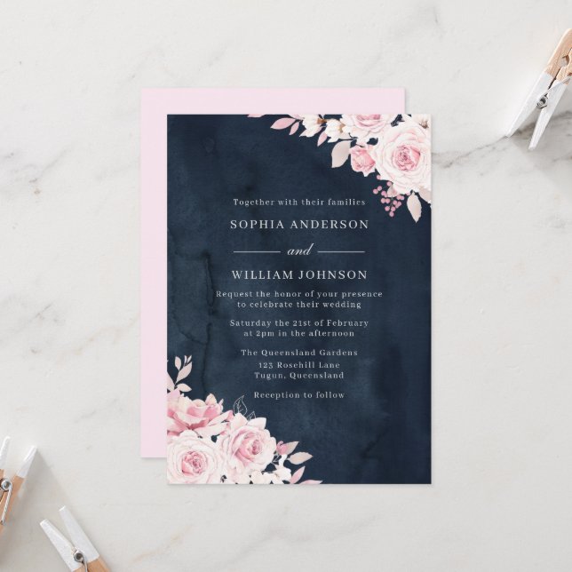 Blush Pink & Navy Wasserfarbe Blume Hochzeit Einladung (Vorderseite/Rückseite Beispiel)