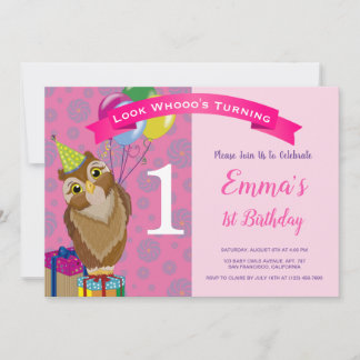 Blush Pink Niedlich Baby Owls 1. Geburtstag Party  Einladung