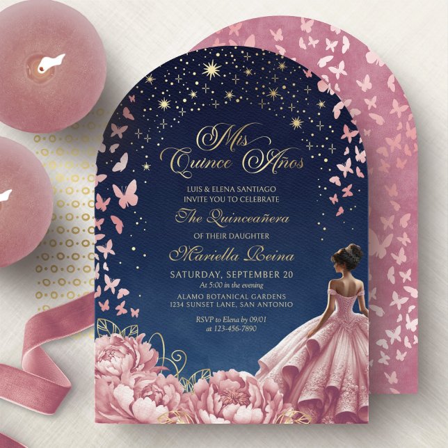 Blush Pink Night Sky Schmetterlinge Quinceanera Einladung (Von Creator hochgeladen)