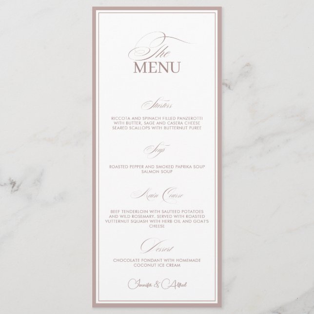 Blush Pink Old Money Wedding Dinner Menu Card Menükarte (Vorderseite)