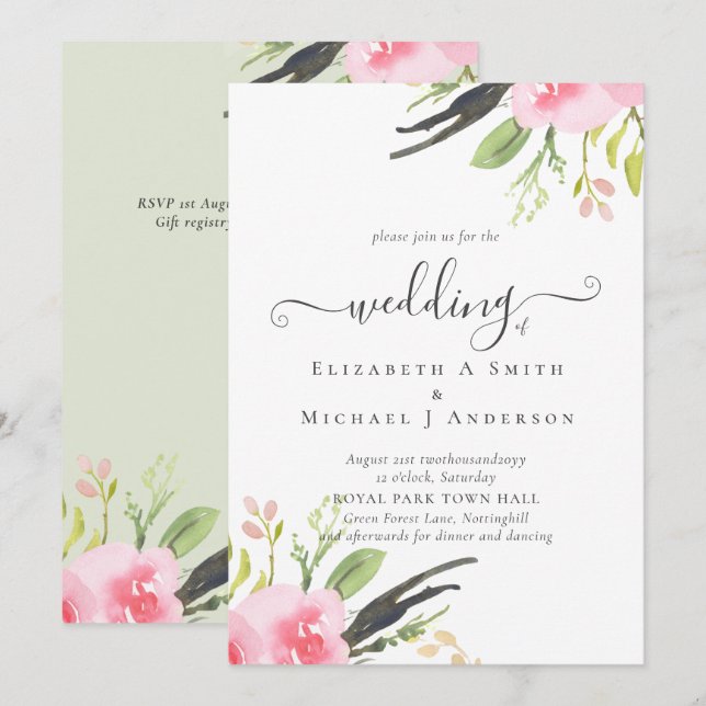 Blush Pink Olive Quality Budget Hochzeit Einladung (Vorne/Hinten)
