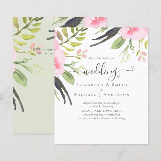 Blush Pink Olive Quality Budget Hochzeit Einladung (Vorne/Hinten)