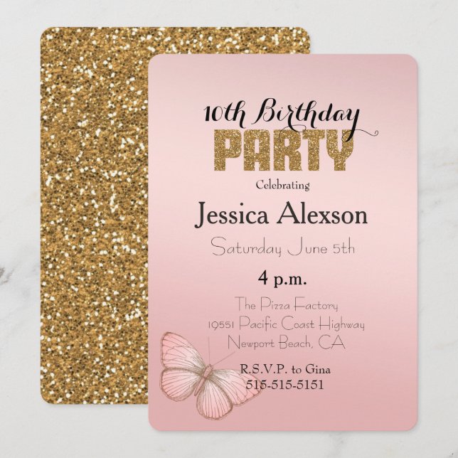 Blush Pink Ombre Butterfly Gold Glitzer Einladung (Vorne/Hinten)