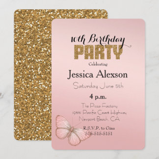 Blush Pink Ombre Butterfly Gold Glitzer Einladung