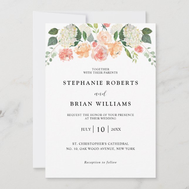 Blush Pink orange Blütenfarben Hochzeit Einladung (Vorderseite)