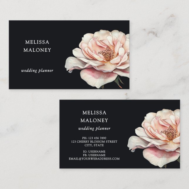 Blush Pink Painted Rose Black Visitenkarte (Vorne/Hinten)