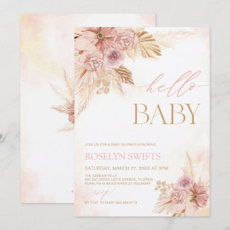 Blush Pink Pampas Floral Hallo Baby Dusche lädt ei