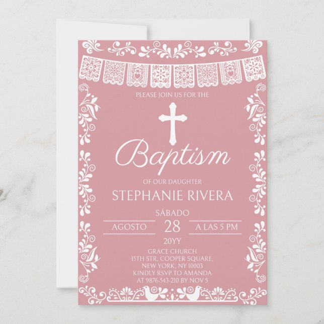 Blush Pink Papel Picado Baptism Einladung (Vorderseite)