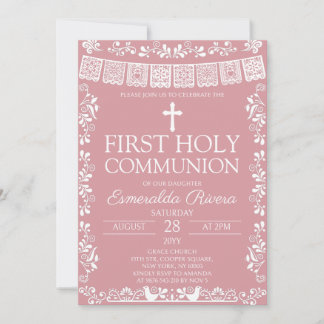 Blush Pink Papel Picado First Holy Communion Einladung