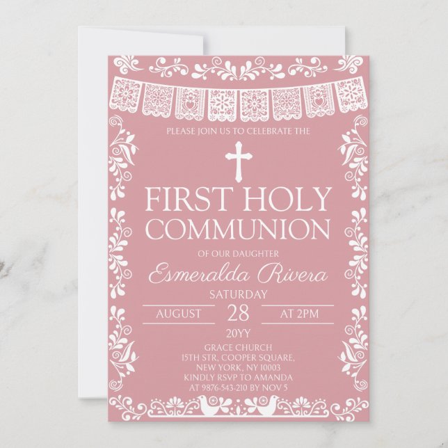 Blush Pink Papel Picado First Holy Communion Einladung (Vorderseite)
