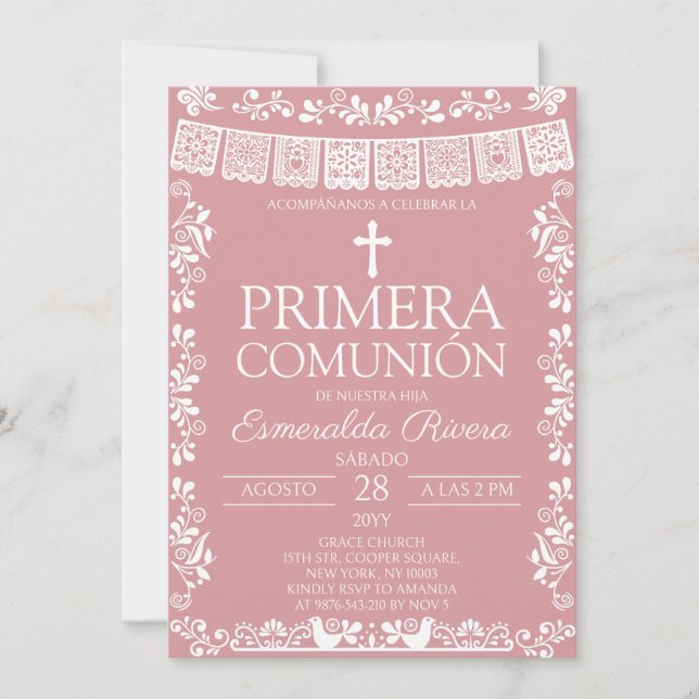 Blush Pink  Papel Picado Primera Comunión Einladung (Vorderseite)