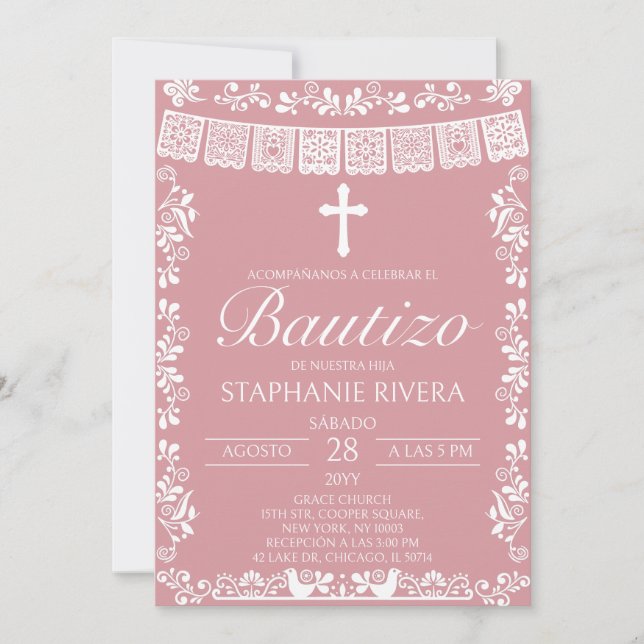 Blush Pink Papel Picado Spanish Bautizo Einladung (Vorderseite)
