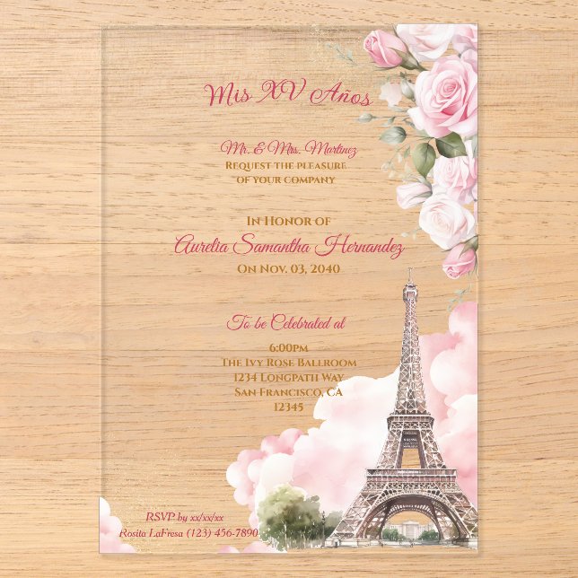Blush Pink Paris Quinceañera Acryleinladungen (Vorderseite)