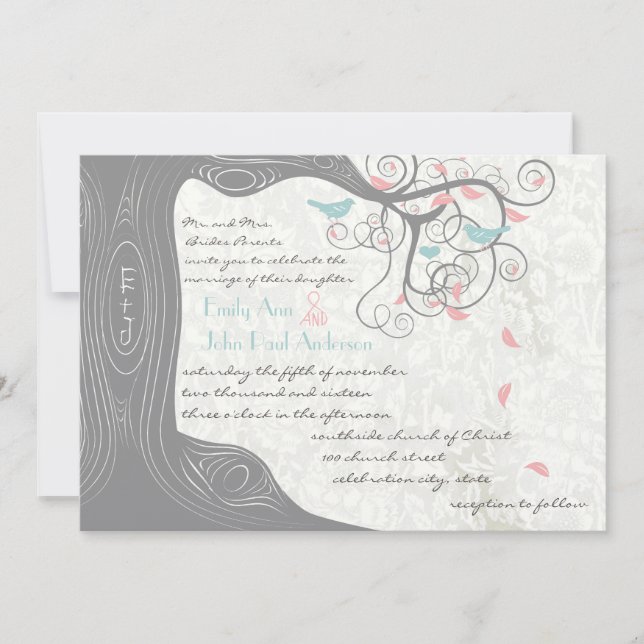 Blush Pink Pastel Mint und Gray Lovebird Wedding Einladung (Vorderseite)