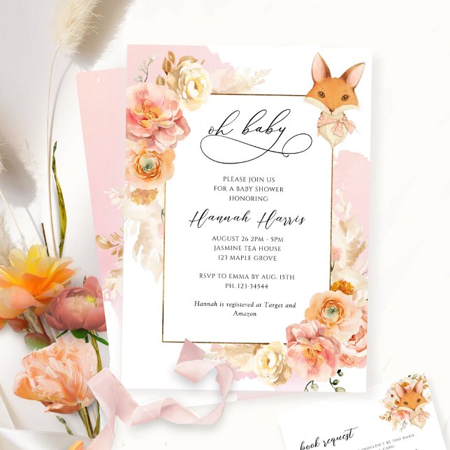 Blush Pink, Peach floral and Fox Girl Baby Dusche Einladung (Von Creator hochgeladen)