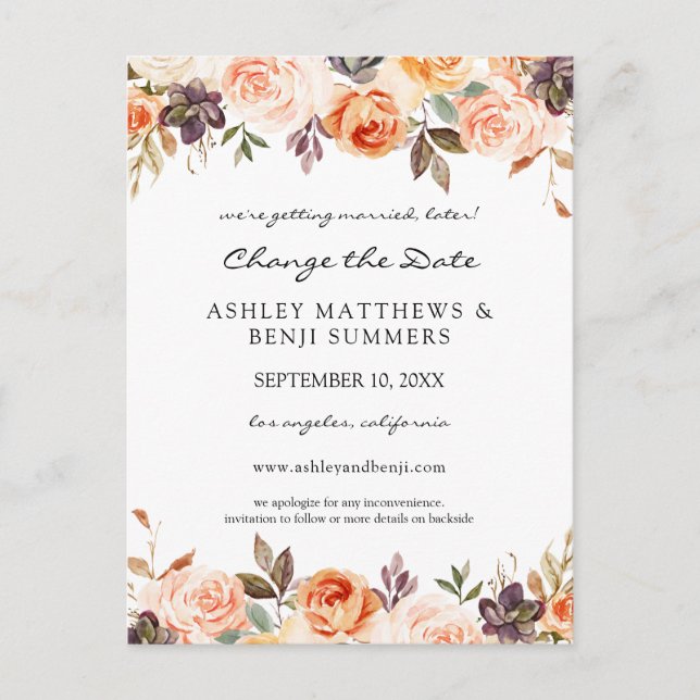 Blush Pink & Peach Floral Ändern Sie das Datum Pos Postkarte (Vorderseite)