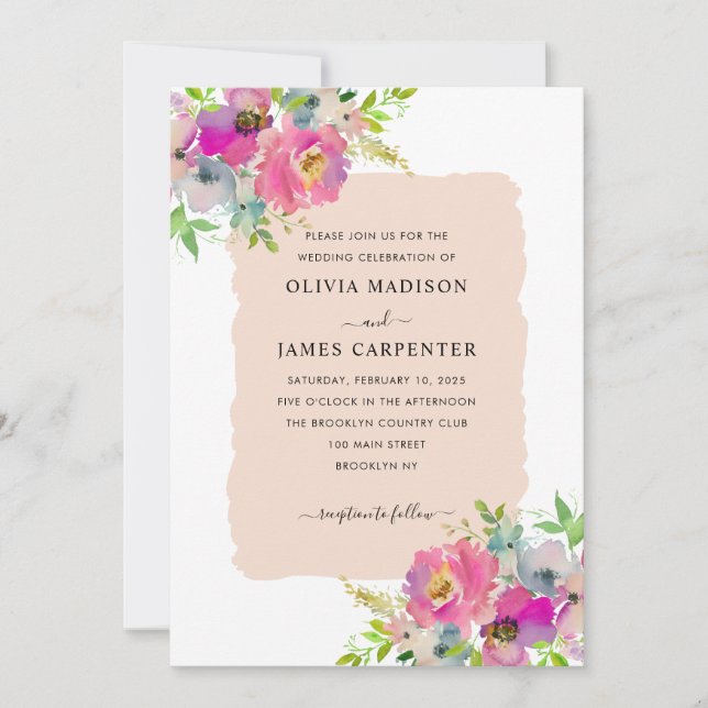 Blush Pink Peach Floral Botanischer Frühling Hochz Einladung (Vorderseite)
