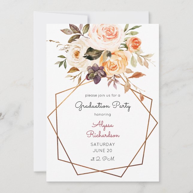 Blush Pink & Peach Floral & Frame Graduation Party Einladung (Vorderseite)