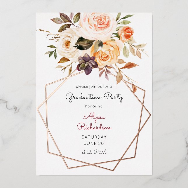 Blush Pink & Peach Floral & Frame Graduation Party Folieneinladung (Vorderseite)