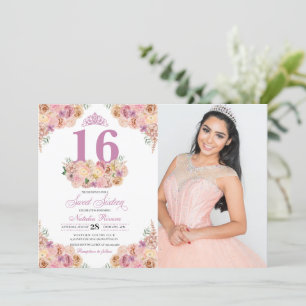 Blush Pink Peach Floral Sweet 16 Geburtstag Foto Einladung