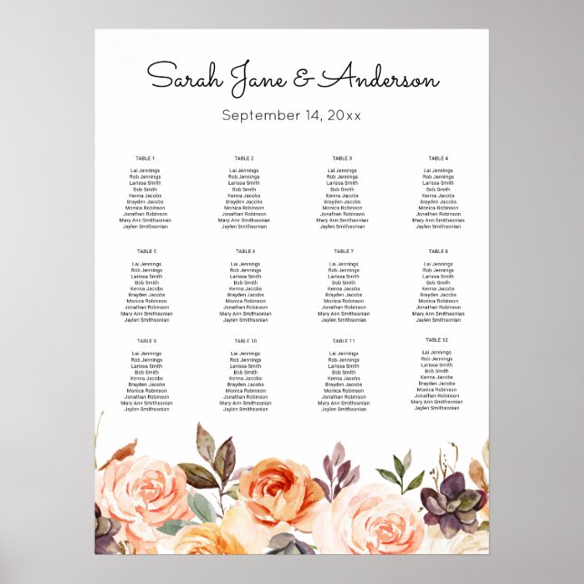 Blush Pink & Peach Floral Wedding Chart Poster (Vorne)
