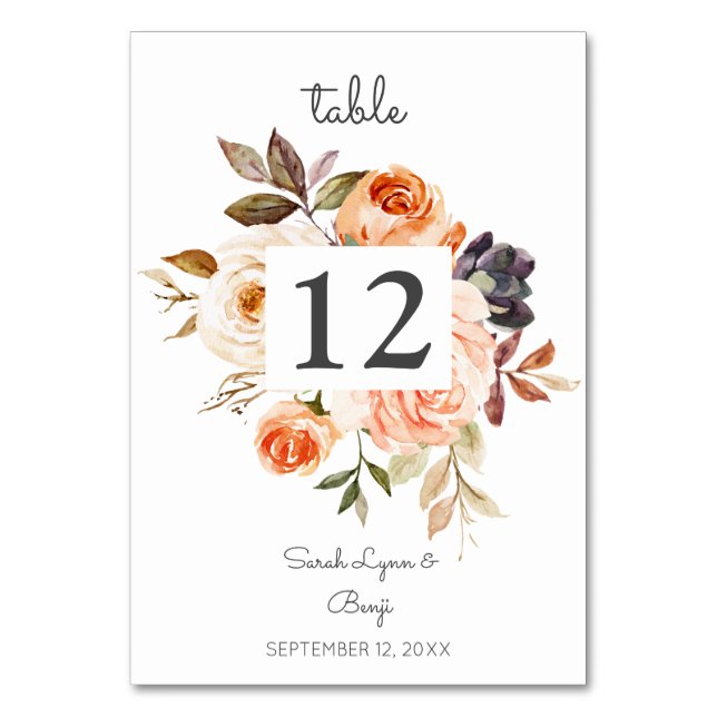 Blush Pink & Peach Floral Wedding Tischnummer (Vorderseite)